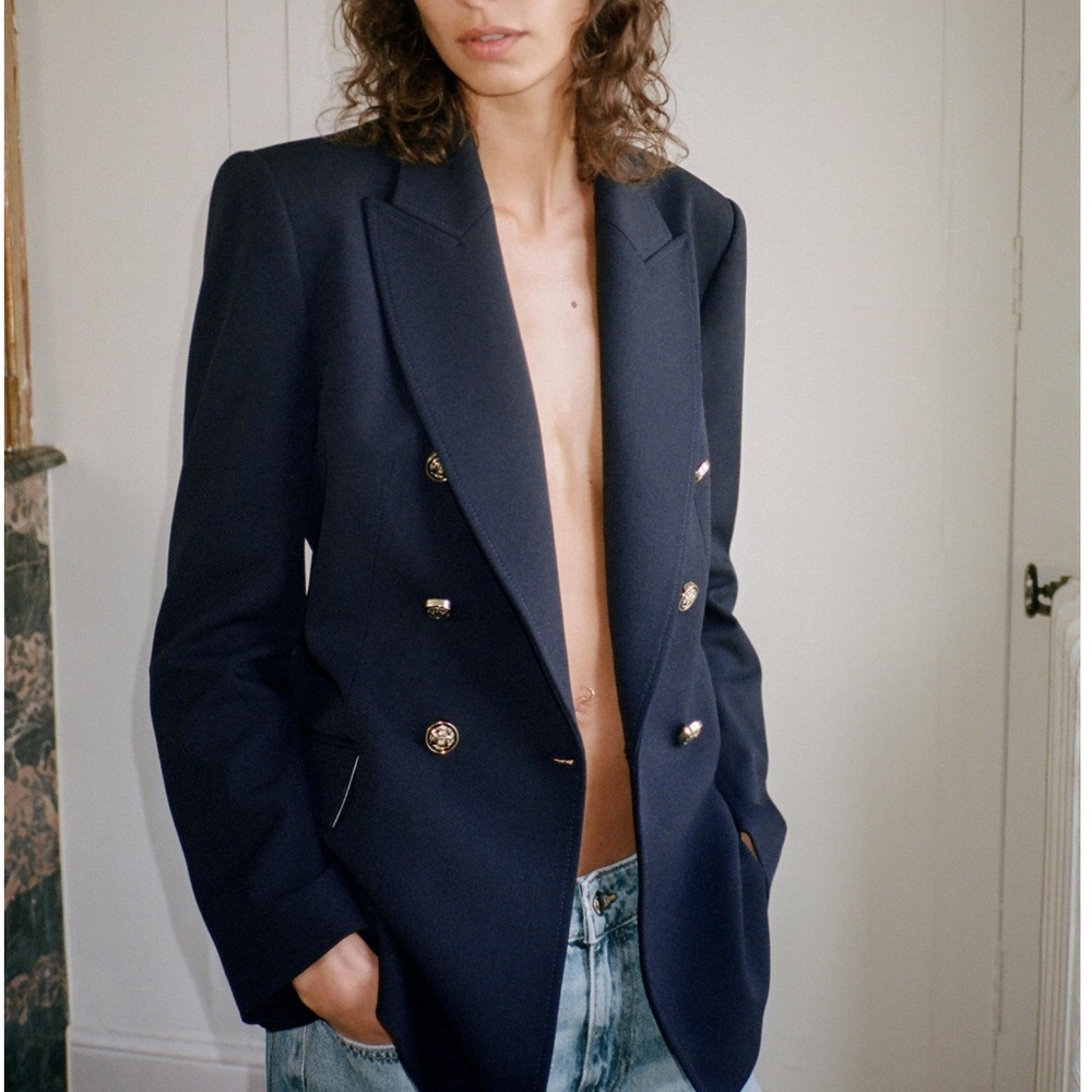 ZARA Women Gold Buttons Navy Double Breasted Jacket equestrian old money Jacket